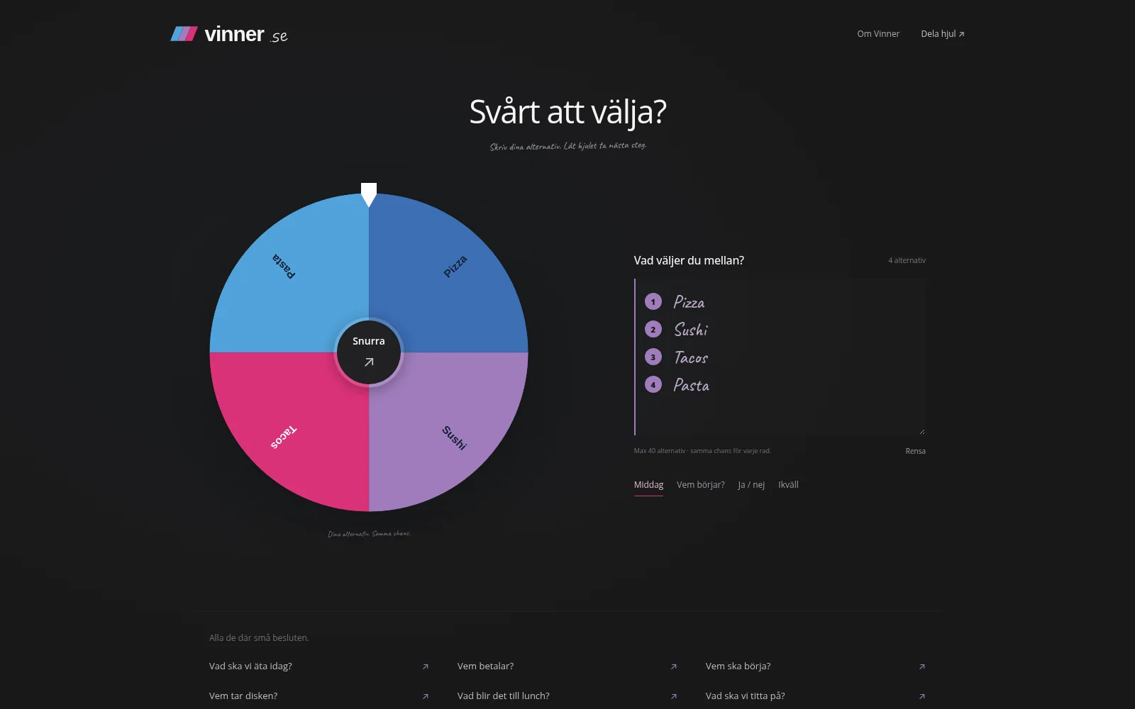 Förhandsvisning av vinner.se – Aktuell startsida på vinner.se med exempelalternativ.