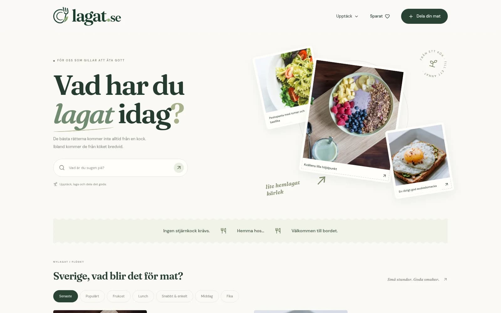 Förhandsvisning av lagat.se – Aktuell webbplats med markerade exempelinlägg.